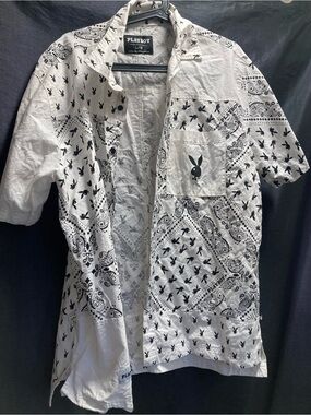 Playboy Bandana Bunny Button-Up Shirt White Black Large